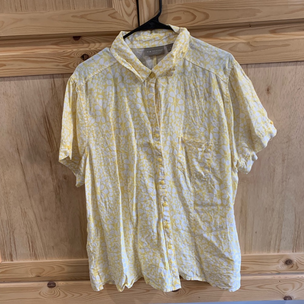 Kim Rogers 100% Linen yellow floral button front shirt size 2X